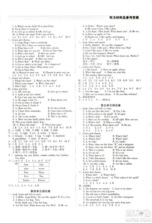 天津教育出版社2021学习质量监测英语三年级下册人教版答案