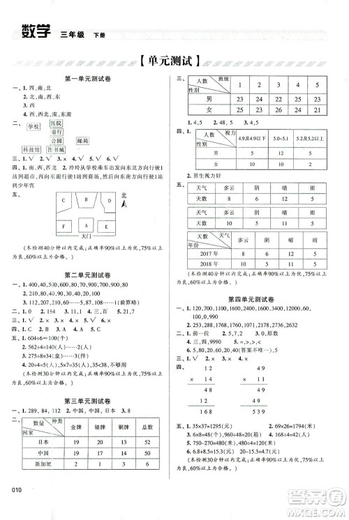 天津教育出版社2021学习质量监测数学三年级下册人教版答案