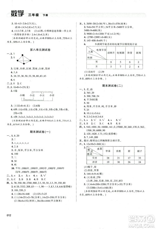 天津教育出版社2021学习质量监测数学三年级下册人教版答案