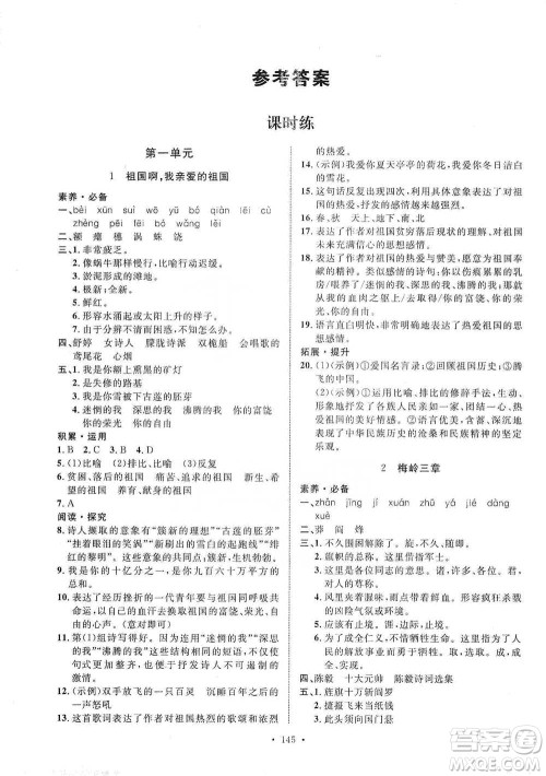 陕西人民出版社2021实验教材新学案语文九年级下册人教版参考答案