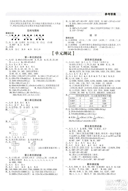 天津教育出版社2021学习质量监测数学四年级下册人教版答案