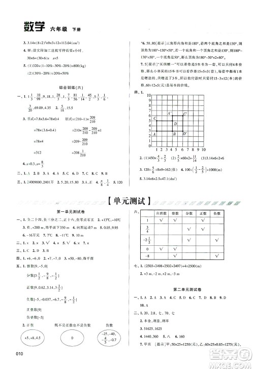 天津教育出版社2021学习质量监测数学六年级下册人教版答案