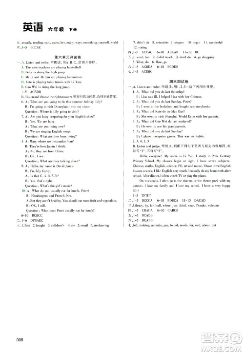 天津教育出版社2021学习质量监测六年级英语下册人教版答案