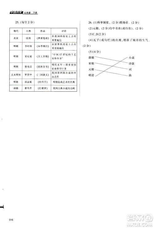 天津教育出版社2021学习质量监测七年级历史下册人教版答案