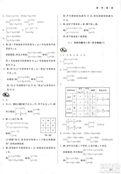 天津教育出版社2021学习质量监测七年级数学下册人教版答案