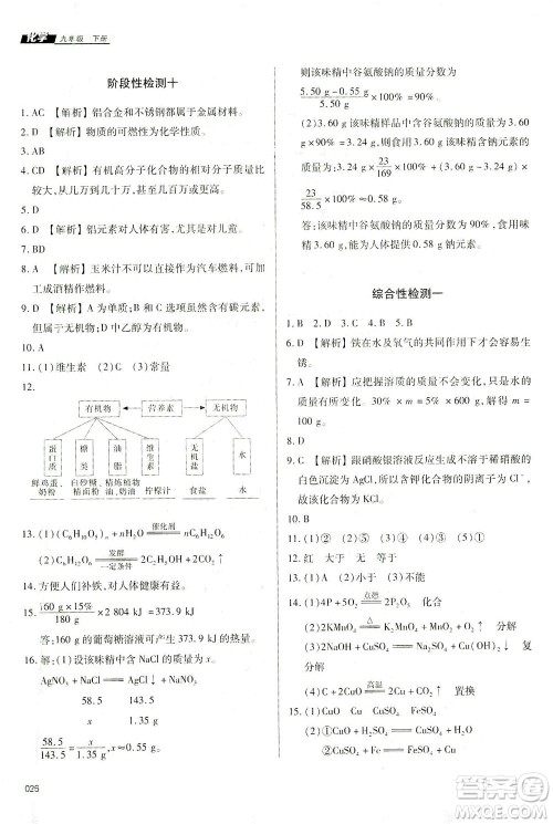 天津教育出版社2021学习质量监测九年级化学下册人教版答案