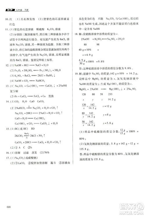 天津教育出版社2021学习质量监测九年级化学下册人教版答案