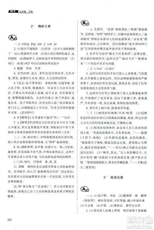 天津教育出版社2021学习质量监测九年级语文下册人教版答案