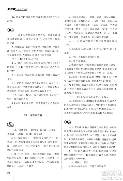天津教育出版社2021学习质量监测九年级语文下册人教版答案