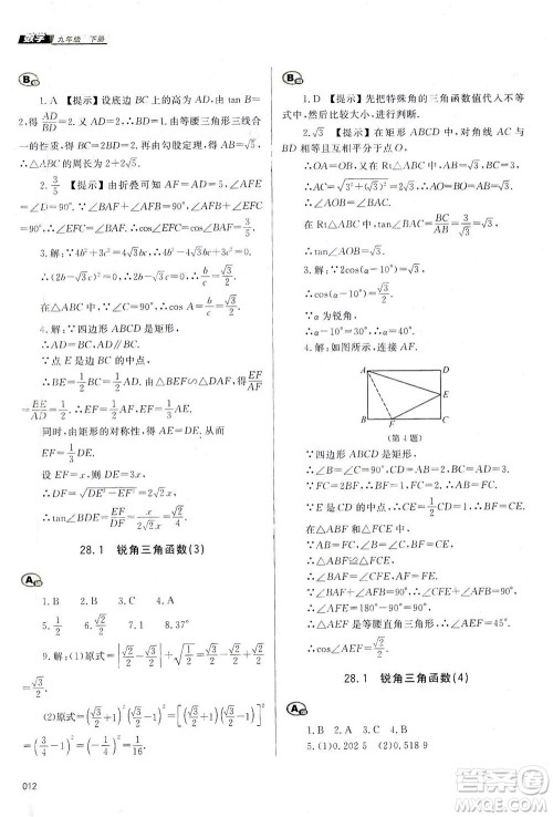 天津教育出版社2021学习质量监测九年级数学下册人教版答案