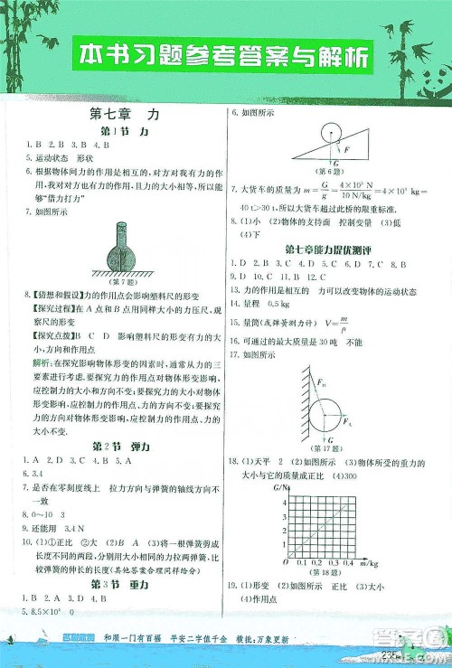 江苏人民出版社2021春雨教育实验班提优课堂八年级下册物理人教版参考答案