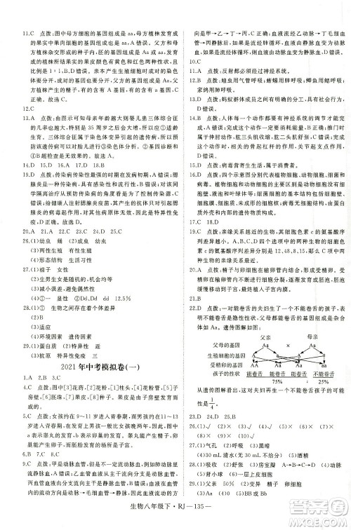 武汉出版社2021学练优科学思维训练法生物八年级下册RJ人教版答案 武汉出版社2021学练优科学思维训练法生物八年级下册RJ人教版答案