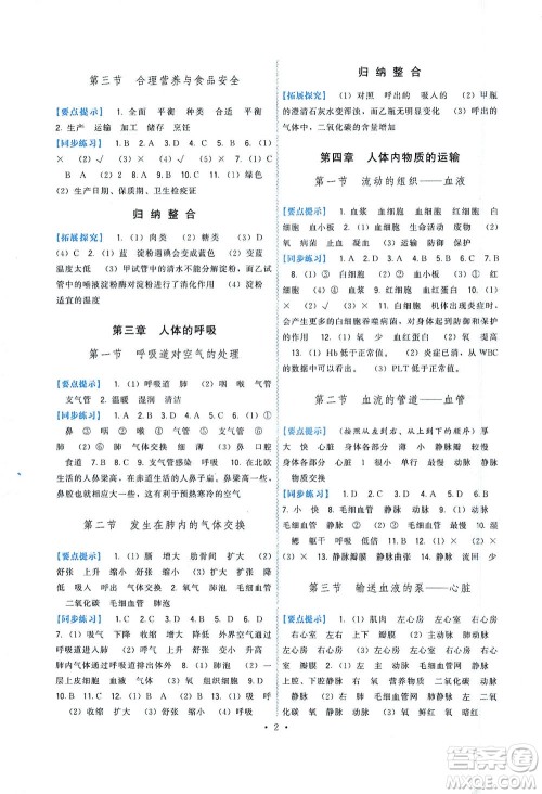 福建人民出版社2021顶尖课课练七年级生物下册人教版答案