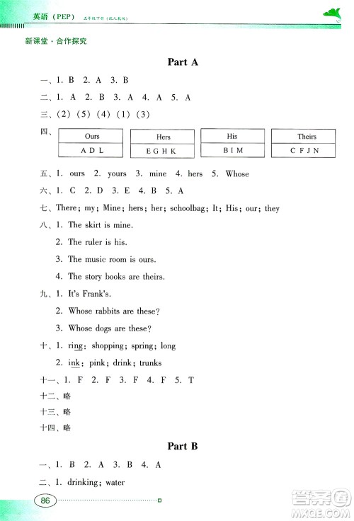 广东教育出版社2021南方新课堂金牌学案英语五年级下册PEP人教版答案