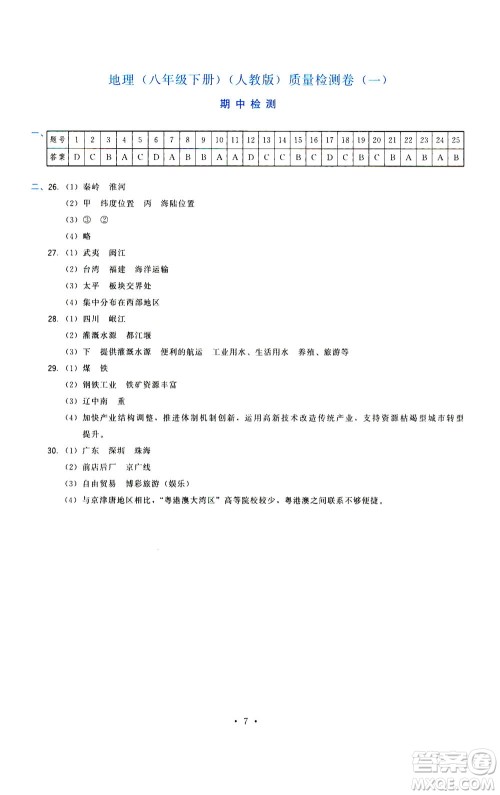 福建人民出版社2021顶尖课课练八年级地理下册人教版答案