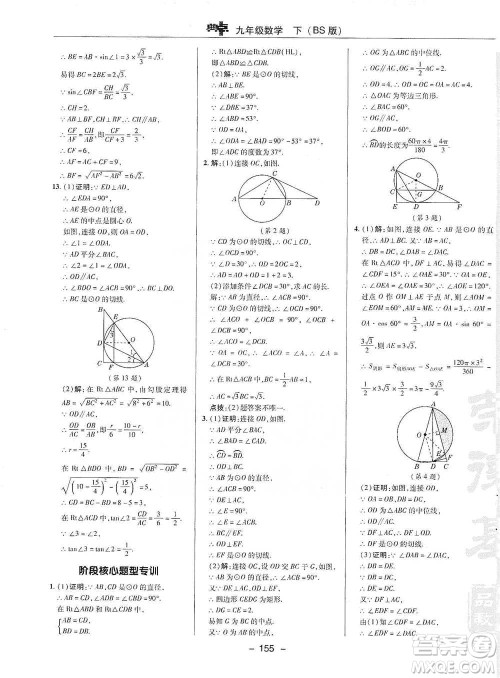 陕西人民教育出版社2021典中点九年级下册数学北师大版参考答案