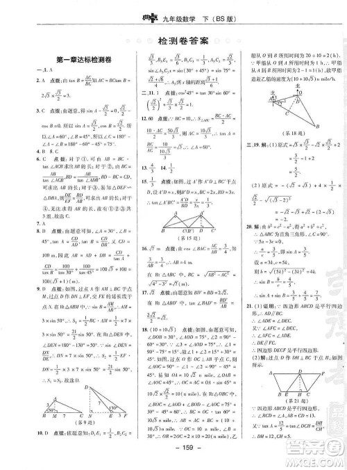 陕西人民教育出版社2021典中点九年级下册数学北师大版参考答案