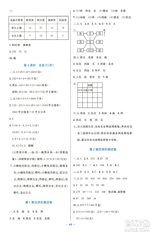 人民教育出版社2021小学同步测控优化设计三年级数学下册人教版答案