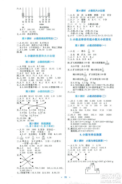 人民教育出版社2021小学同步测控优化设计四年级数学下册人教版答案