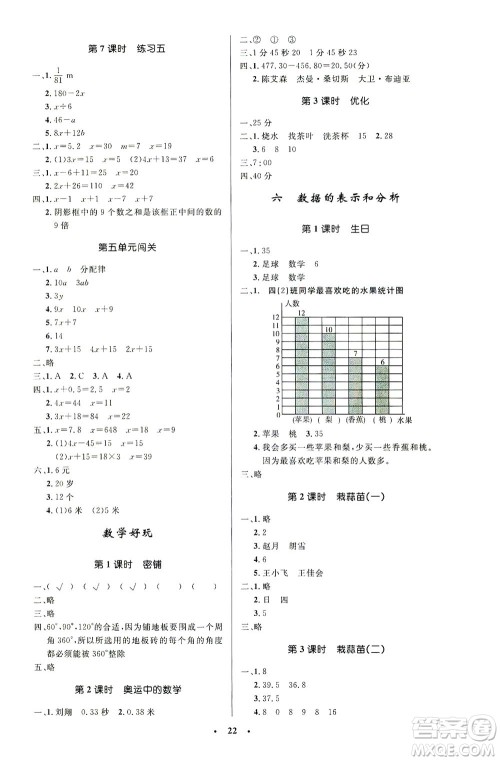 北京师范大学出版社2021小学同步测控优化设计四年级数学下册北师大版答案