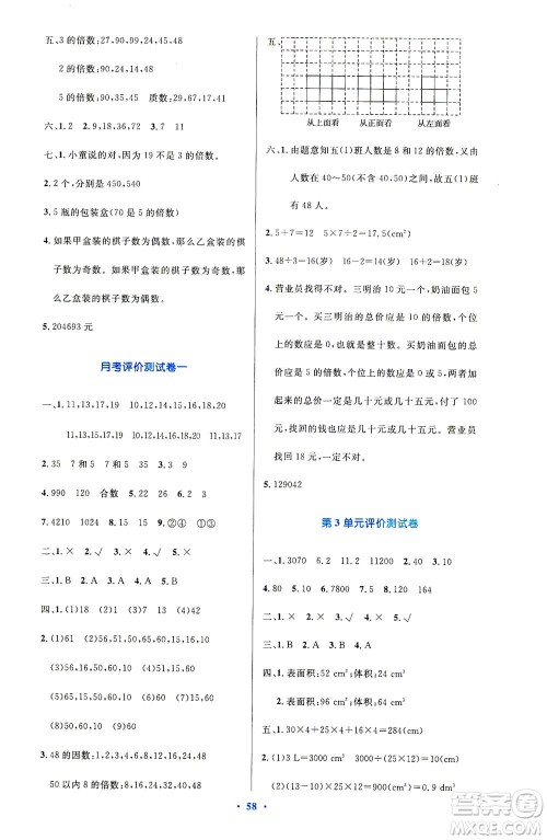 人民教育出版社2021小学同步测控优化设计五年级数学下册人教版答案