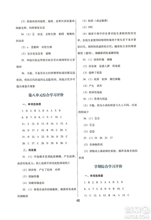 广东教育出版社2021南方新课堂金牌学案生物学八年级下册人教版答案