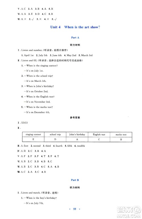 人民教育出版社2021小学同步测控优化设计五年级英语下册PEP版答案