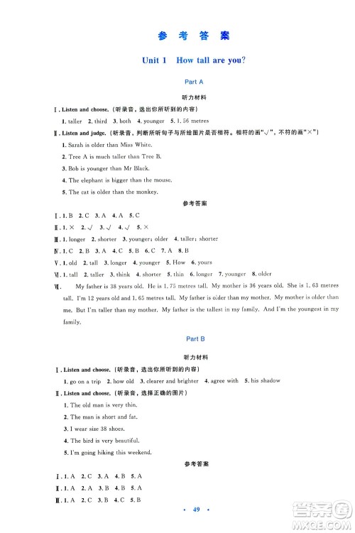 人民教育出版社2021小学同步测控优化设计六年级英语下册PEP版答案