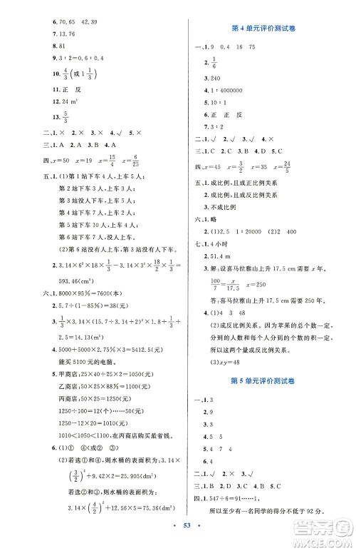 人民教育出版社2021小学同步测控优化设计六年级数学下册人教版答案