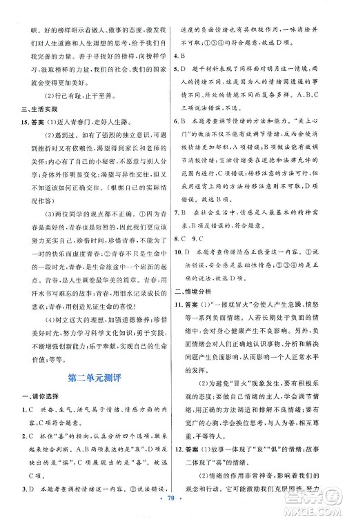 人民教育出版社2021初中同步测控优化设计七年级道德与法治下册人教版答案