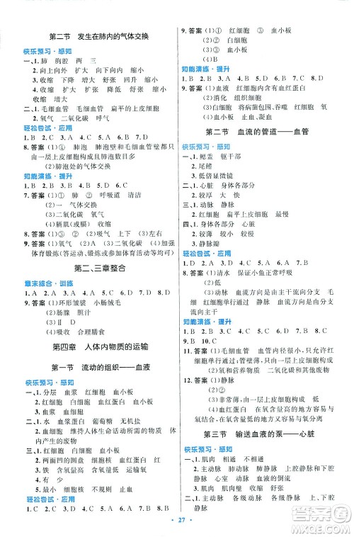 人民教育出版社2021初中同步测控优化设计七年级生物下册人教版福建专版答案