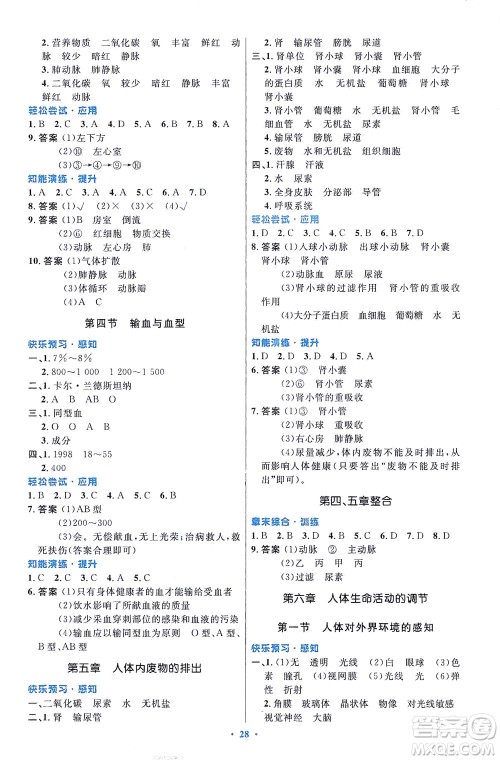 人民教育出版社2021初中同步测控优化设计七年级生物下册人教版福建专版答案