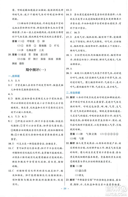 人民教育出版社2021初中同步测控优化设计七年级生物下册人教版答案