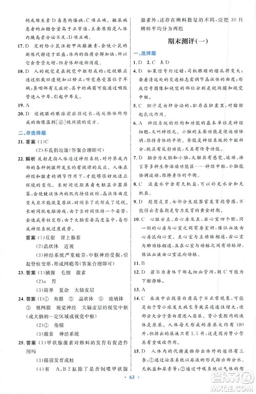 人民教育出版社2021初中同步测控优化设计七年级生物下册人教版答案