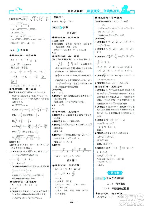 人民教育出版社2021阳光课堂金牌练习册数学七年级下册人教版答案