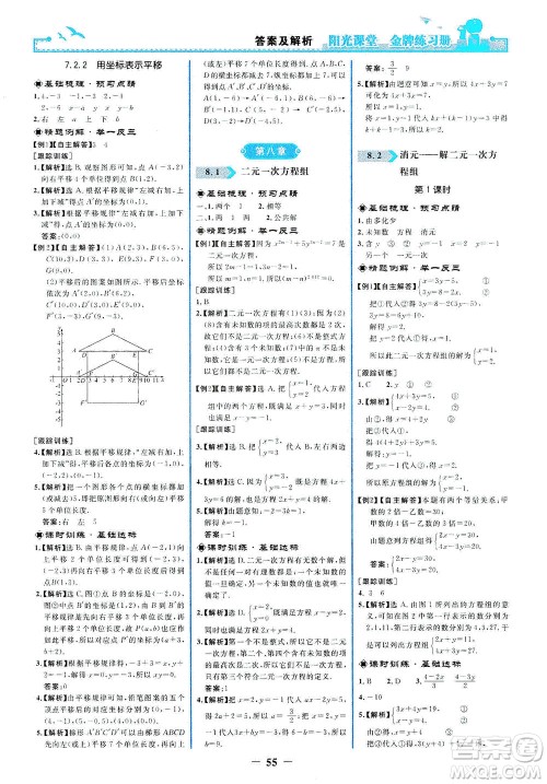 人民教育出版社2021阳光课堂金牌练习册数学七年级下册人教版答案