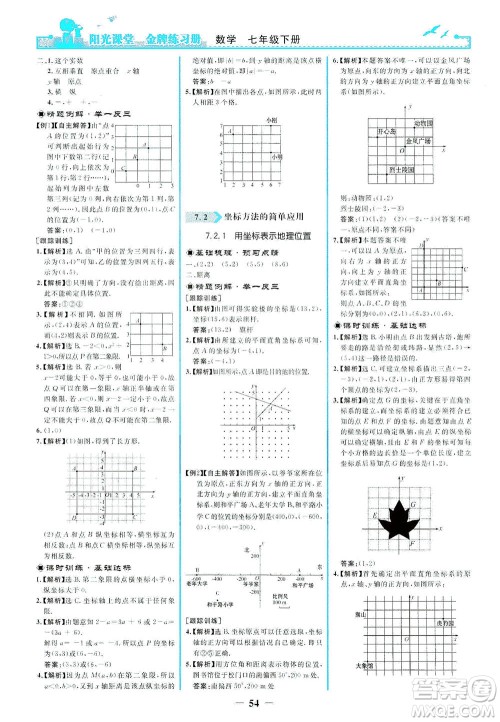 人民教育出版社2021阳光课堂金牌练习册数学七年级下册人教版答案