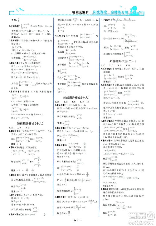 人民教育出版社2021阳光课堂金牌练习册数学七年级下册人教版答案