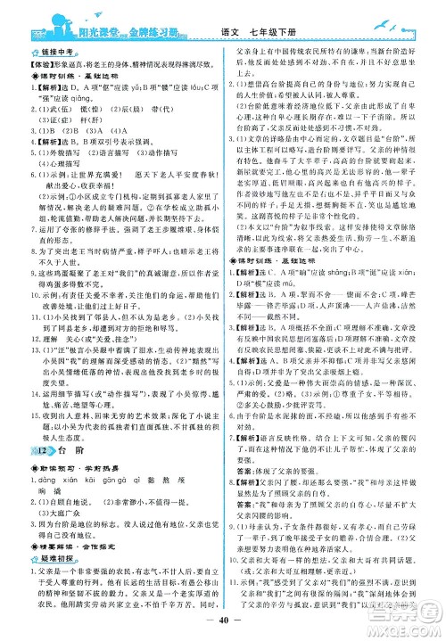 人民教育出版社2021阳光课堂金牌练习册语文七年级下册人教版答案