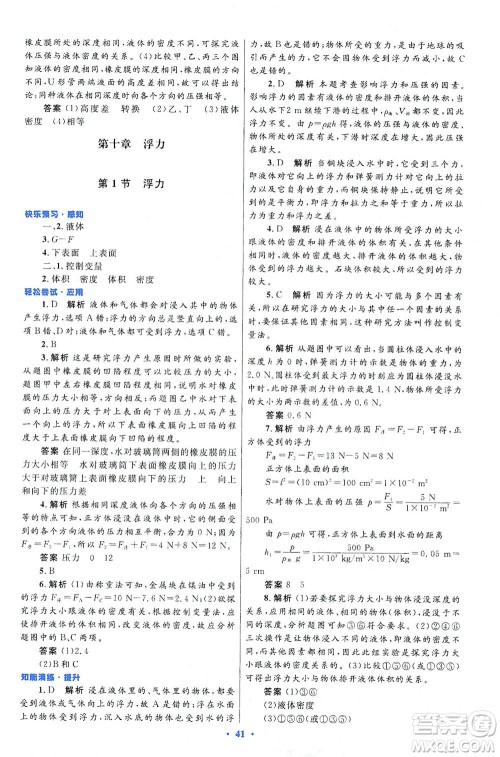 人民教育出版社2021初中同步测控优化设计八年级物理下册人教版答案