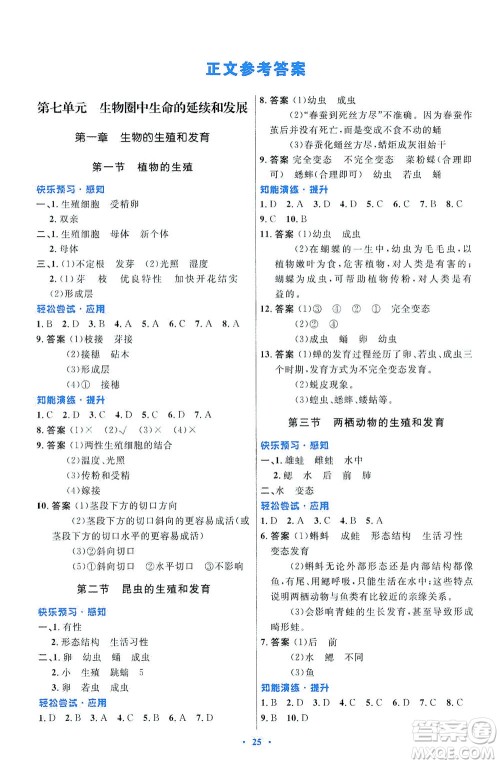 人民教育出版社2021初中同步测控优化设计八年级生物下册人教版福建专版答案