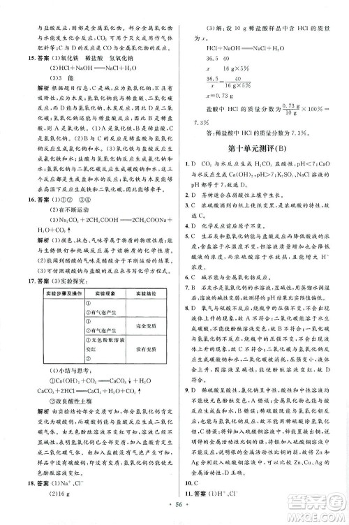 人民教育出版社2021初中同步测控优化设计九年级化学下册人教版答案