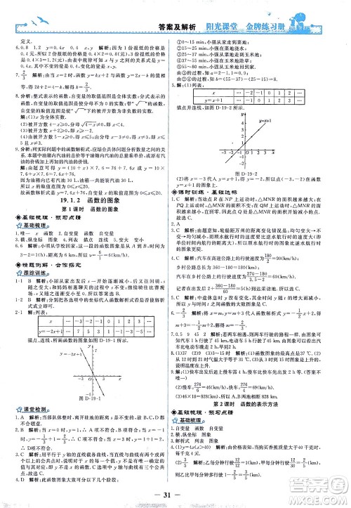 人民教育出版社2021阳光课堂金牌练习册数学八年级下册人教版答案