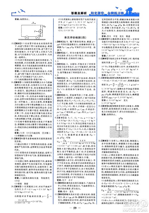 人民教育出版社2021阳光课堂金牌练习册物理八年级下册人教版答案