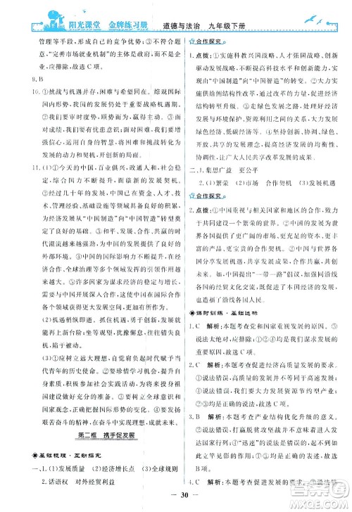 人民教育出版社2021阳光课堂金牌练习册道德与法治九年级下册人教版答案