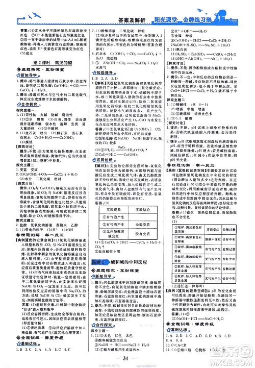 人民教育出版社2021阳光课堂金牌练习册化学九年级下册人教版答案