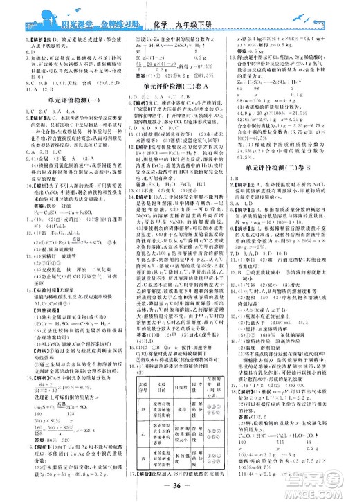 人民教育出版社2021阳光课堂金牌练习册化学九年级下册人教版答案