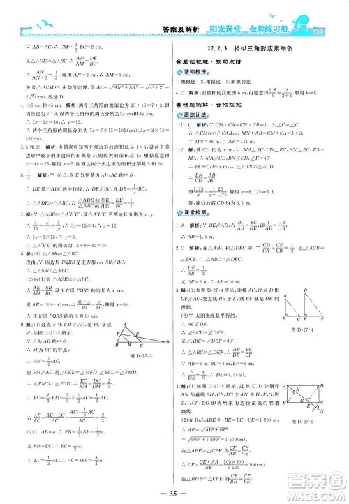 人民教育出版社2021阳光课堂金牌练习册数学九年级下册人教版答案