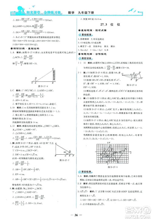 人民教育出版社2021阳光课堂金牌练习册数学九年级下册人教版答案