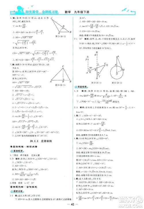 人民教育出版社2021阳光课堂金牌练习册数学九年级下册人教版答案